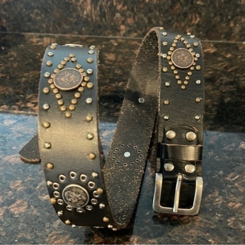 Black leather grommet and coin design belt